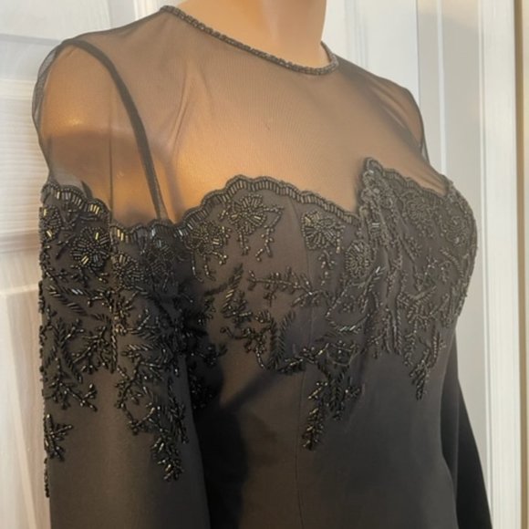 80’s Sheer Black Beaded Gold Stripe Silk Blouse by Lillie Rubin